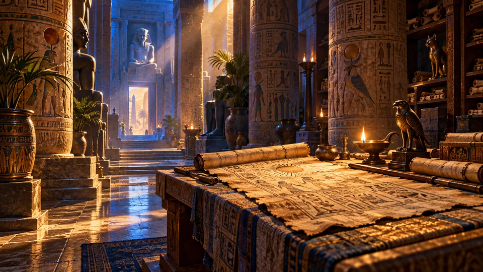 Illustration of papyrus and lamps in an Egyptian-inspired stone archive.